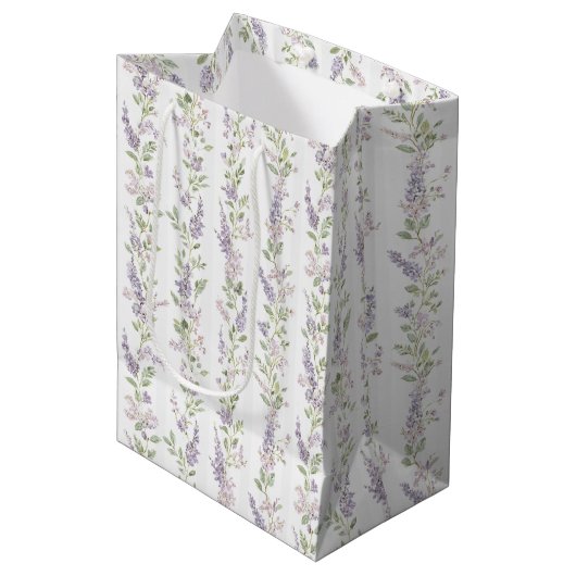 Lavendel Witte Bloem Strepen Bruidsdouche Medium Cadeauzakje (Voorkant Gekanteld)
