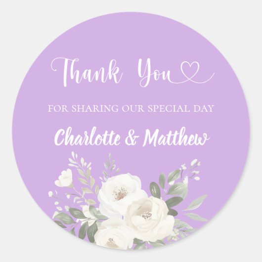Lavendel witte bloemen hart dank u bruiloft ronde sticker (Voorkant)