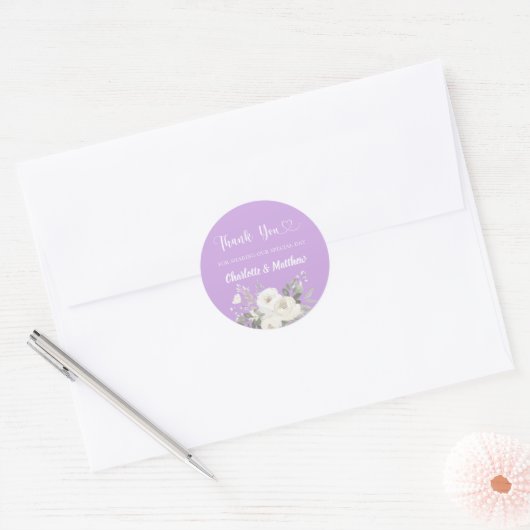 Lavendel witte bloemen hart dank u bruiloft ronde sticker (Envelop)