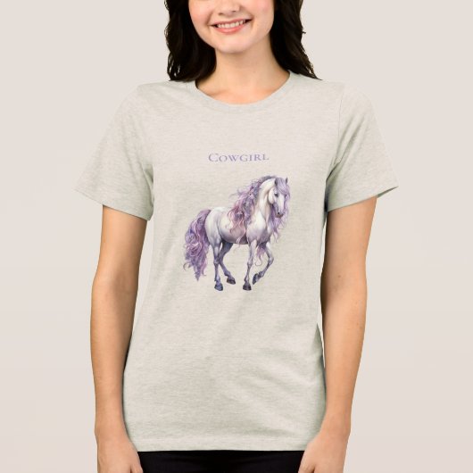 Lavendel Witte Bloemen Paard Cowgirl Tri-Blend Shirt (Voorkant)
