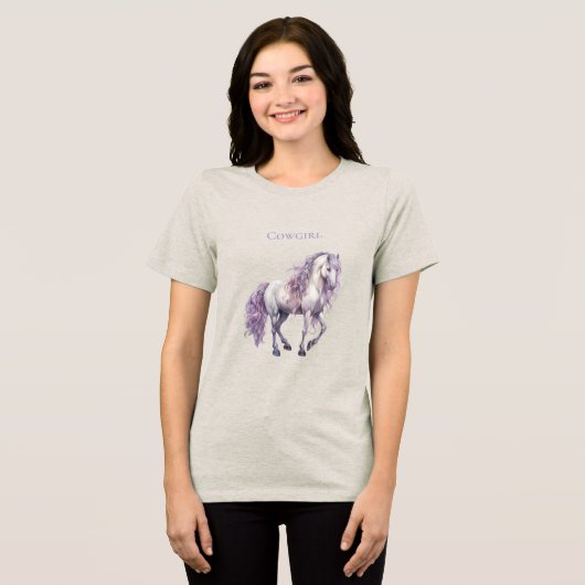Lavendel Witte Bloemen Paard Cowgirl Tri-Blend Shirt (Voorkant volledig)