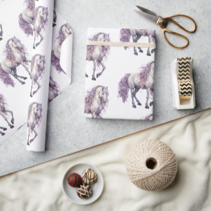 Lavendel Witte Bloemen Paard Cowgirl Verjaardag Cadeaupapier