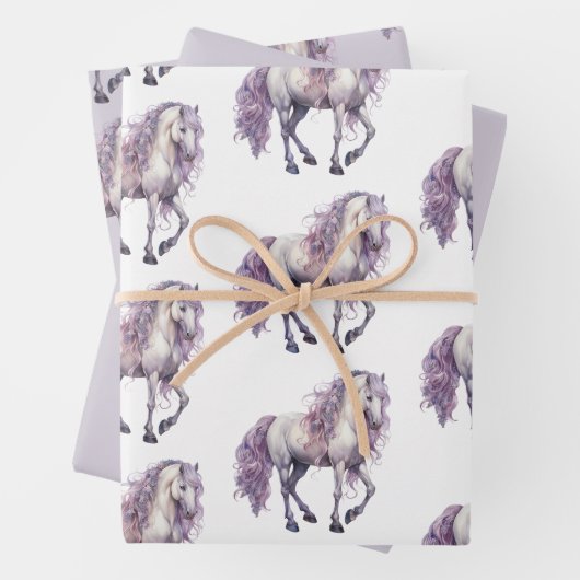 Lavendel Witte Bloemen Paard Cowgirl Verjaardag Inpakpapier Vel (In situ)