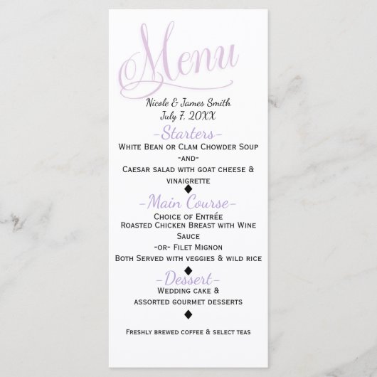 Lavendel & Witte Eenvoudige Elegante Trouwmenu Kaa Menu (Voorkant)