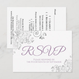 Lavendel & Witte Elegante Zilveren Kant Bruiloft RSVP Kaartje