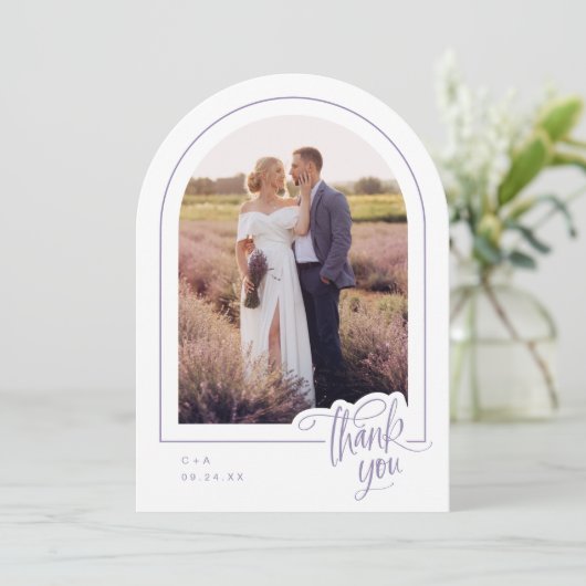 Lavendel Witte Foto bruiloft Dank u kaart (Staand voorkant)