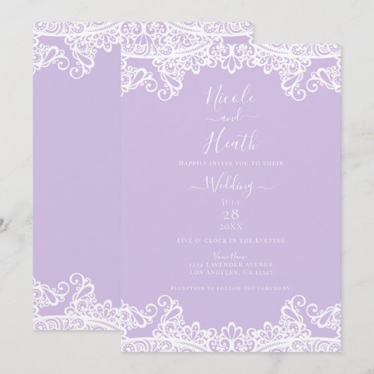 Lavendel & Witte Kant Elegant Bruiloft Kaart (Voorkant / Achterkant)