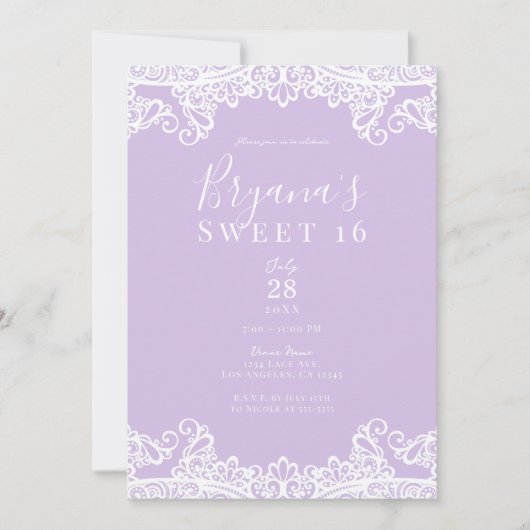 Lavendel & Witte Kant Elegant Sweet 16 Feest    Kaart (Voorkant)