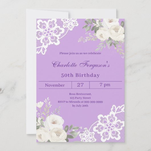 Lavendel witte rozen kant verjaardag kaart (Voorkant)