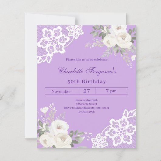 Lavendel witte rozen kant verjaardagsuitnodiging (Voorkant)