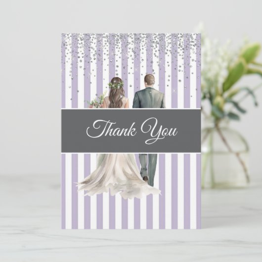Lavendel & Witte Strepen Bruidsuitnodiging Bedankkaart (Staand voorkant)