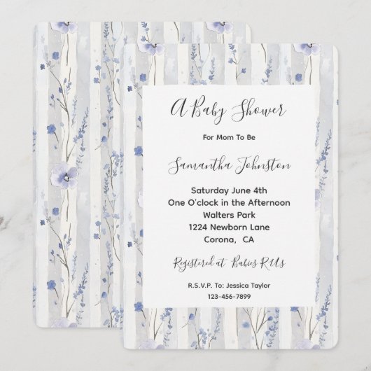  Lavendel Witte Strepen Floral Baby shower Kaart (Voorkant / Achterkant)