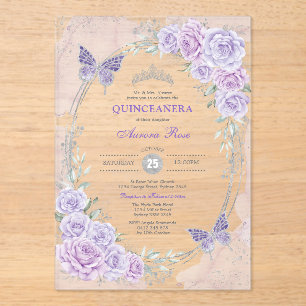 Lavendel Zilver Quinceanera Mis Quince 15 Jaar Acryl Uitnodigingen