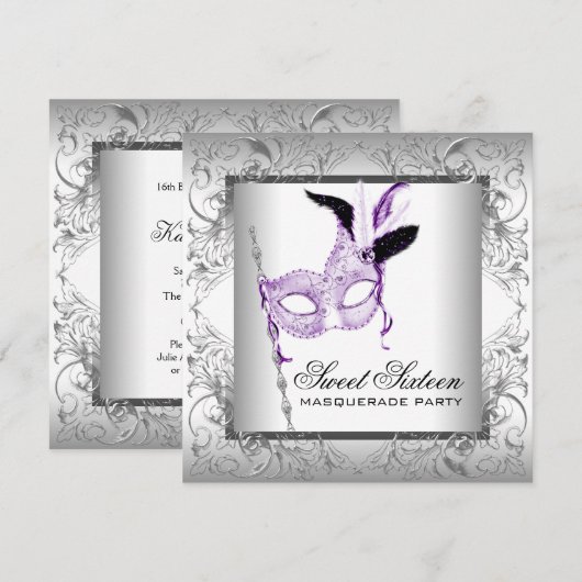 Lavendel Zilver Sweet 16 Masquerade Party Kaart (Voorkant / Achterkant)