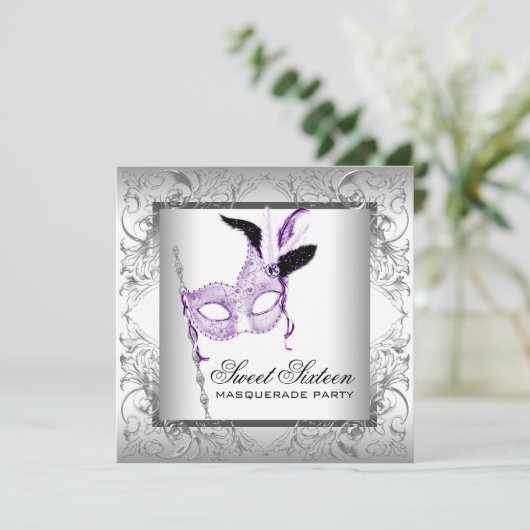 Lavendel Zilver Sweet 16 Masquerade Party Kaart (Staand voorkant)