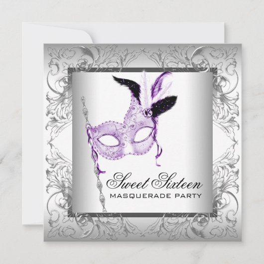 Lavendel Zilver Sweet 16 Masquerade Party Kaart (Voorkant)