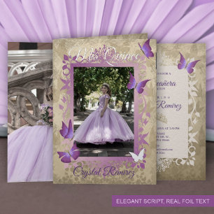Lavendel, Zilver Vintage Vlinders Quinceanera Folie Wenskaart