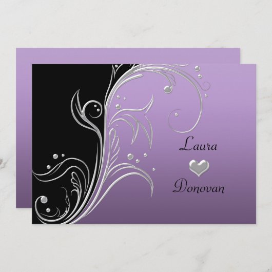 Lavendel Zilver Zwart Bloemige Krullen Ontvangst O Kaart (Voorkant / Achterkant)