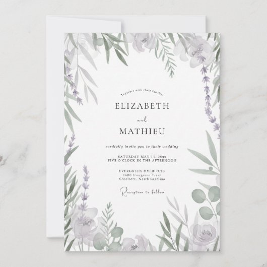 Lavendel Zilveren Blad Eucalyptus Bruiloft Kaart (Voorkant)