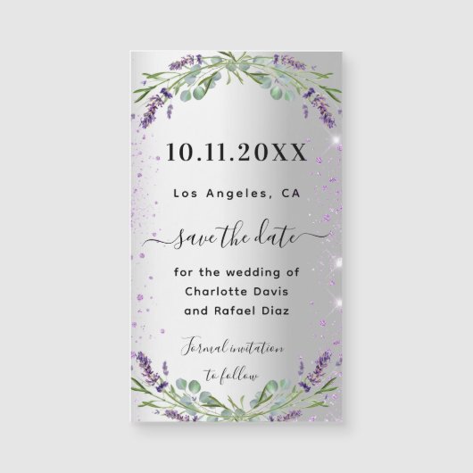 Lavendel zilveren bruiloft Save the Date magneet (Voorkant)