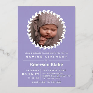 Lavendel Zilveren Krans Baby Foto Naamgevingscerem Folie Uitnodiging