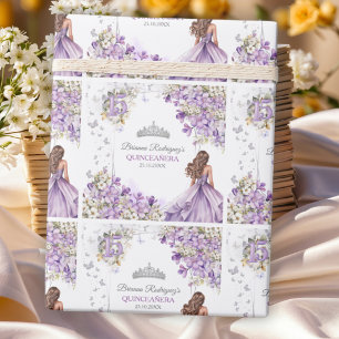 Lavendel Zilveren Tiara Bloem Vlinder Quinceañera Cadeaupapier