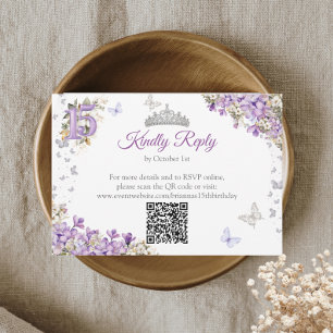 Lavendel Zilveren Tiara Bloem Vlinder Quinceañera RSVP Kaartje