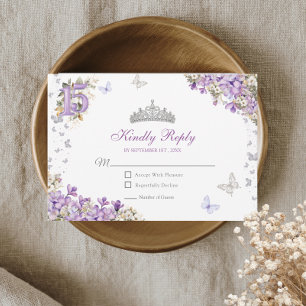 Lavendel Zilveren Tiara Bloem Vlinder Quinceañera RSVP Kaartje
