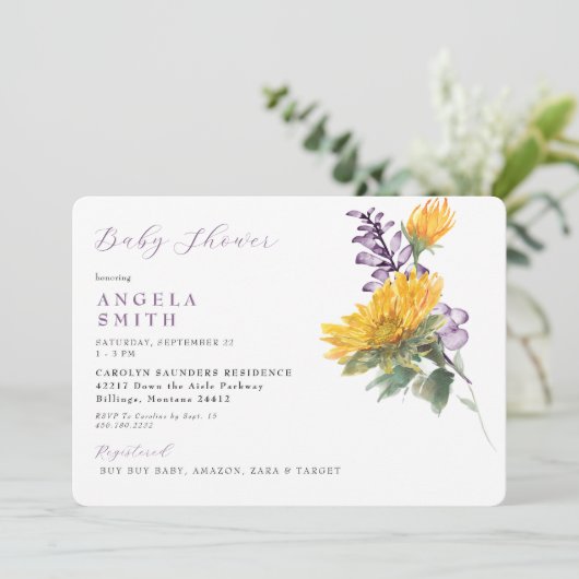 Lavendel Zonnebloem Bloemen Baby shower Uitnodigin Kaart (Staand voorkant)