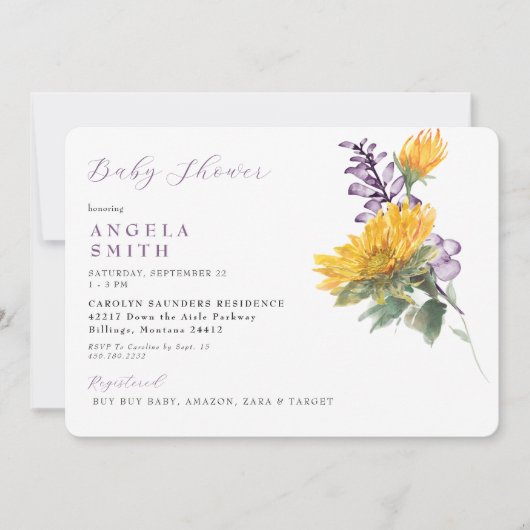 Lavendel Zonnebloem Bloemen Baby shower Uitnodigin Kaart (Voorkant)