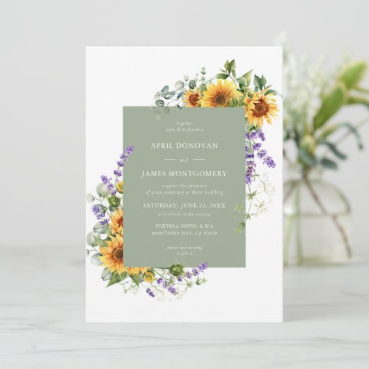 Lavendel Zonnebloem Bloemen Lijst Bruiloft Uitnodi Kaart (Staand voorkant)