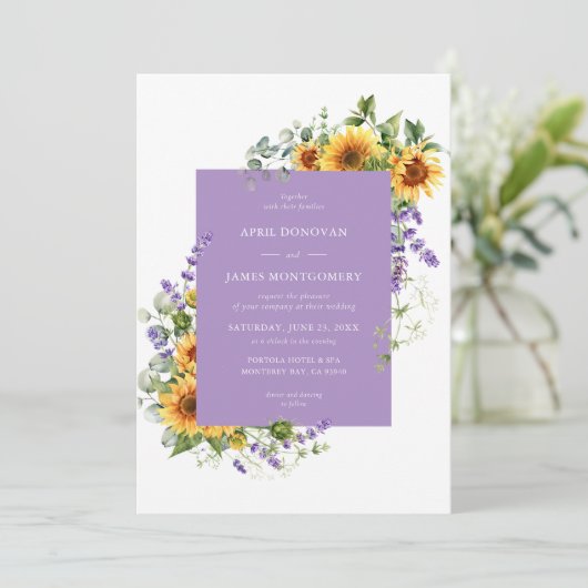 Lavendel Zonnebloem Bloemen Lijst Bruiloft Uitnodi Kaart (Staand voorkant)