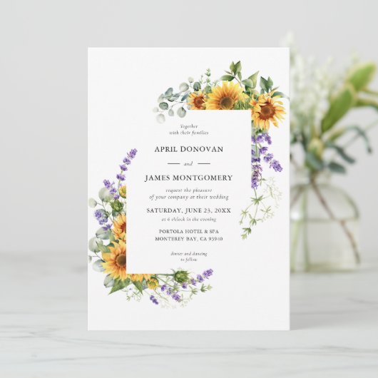 Lavendel Zonnebloem Bloemenframe Trouw Uitnodiging (Staand voorkant)