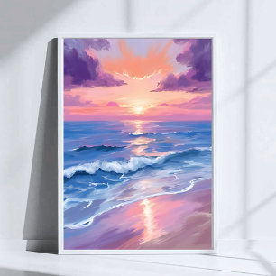 Lavendel Zonsondergang Paarse Strand Oceaan Aquare Poster