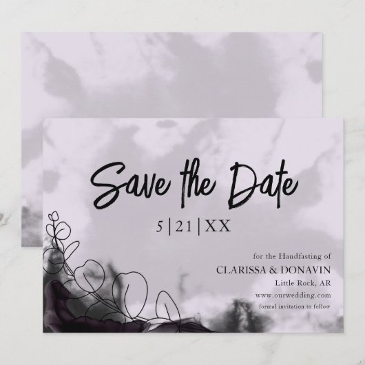 Lavendel & Zwart Gotisch Bloemen Save The Date Kaa (Voorkant / Achterkant)