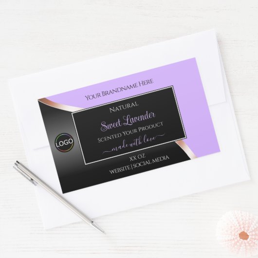 Lavendel Zwart Wavy Roos Goud Logo Product Labels (Envelop)