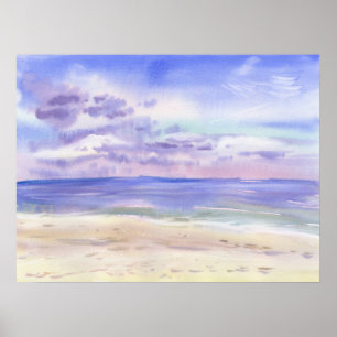 Lavendelachtige lucht en zandstrand aquarel poster