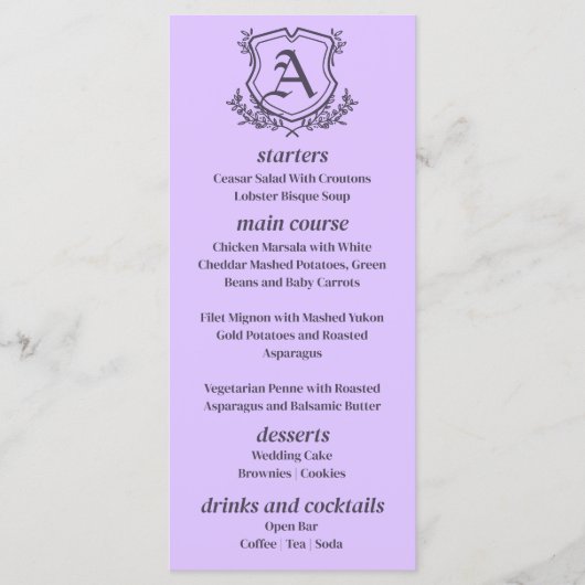 Lavendelblad en FLoral Monogram Bruiloft Menu (Voorkant)