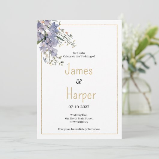 Lavendelblauw zomer wilde bloem bruiloft kaart (Staand voorkant)