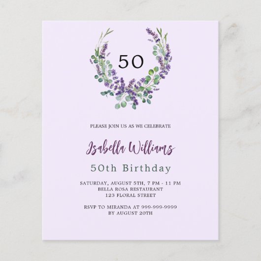 Lavendelbloemblaadjes lila budget verjaardagsuitno (Voorkant)