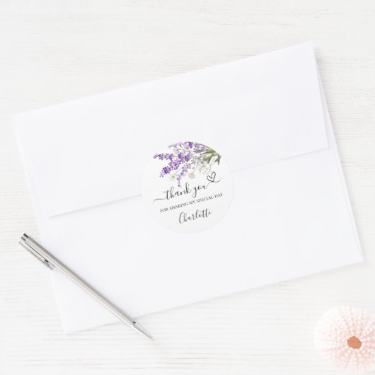 Lavendelbloemen bedank hart ronde sticker (Envelop)