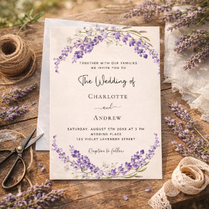 Lavendelbloemen champagnekleurige crème bruiloft kaart