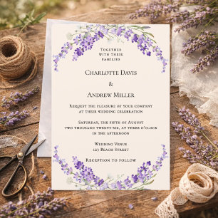 Lavendelbloemen champagnekleurige crème bruiloft kaart