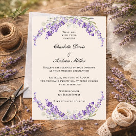Lavendelbloemen champagnetint crèmekleurig bruilof kaart