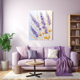 Lavendelbloemen en gouden bladeren canvas afdruk