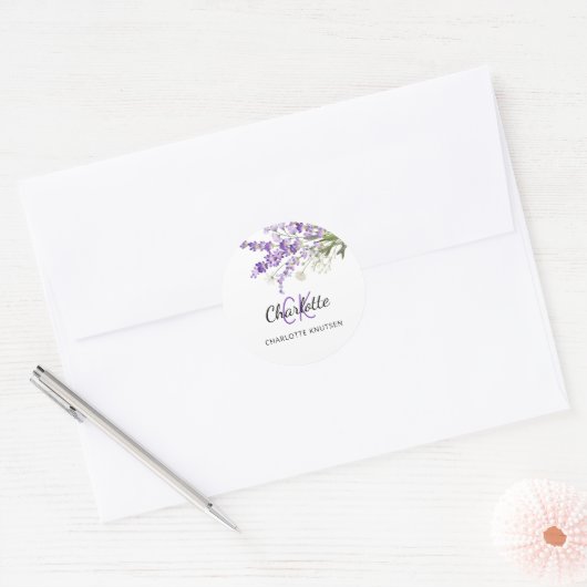 Lavendelbloemen monogrammed ronde sticker (Envelop)