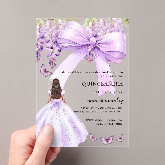 Lavendelboog bloemenjurk helder Quinceanera Acryl Uitnodigingen (Insitu (Draagbaar))