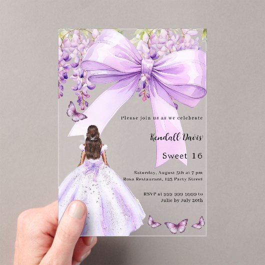 Lavendelboog bloemenjurk Sweet 16 clear Acryl Uitnodigingen (Insitu (Draagbaar))