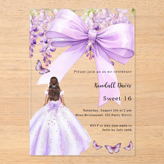 Lavendelboog bloemenjurk Sweet 16 clear Acryl Uitnodigingen (Voorkant)