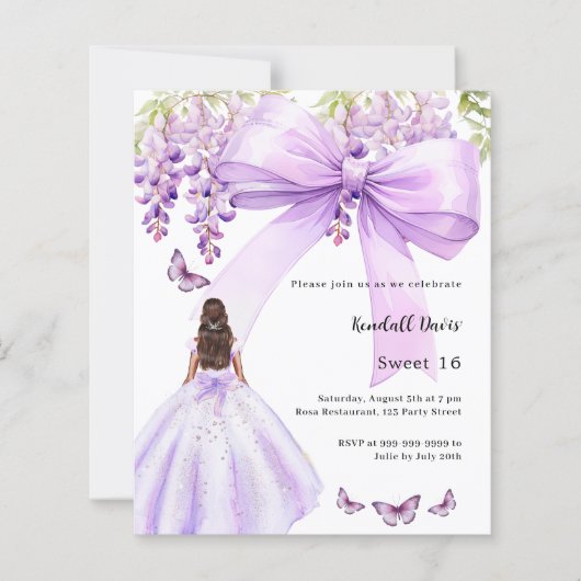 Lavendelboog bloemenjurk Sweet 16 uitnodiging (Voorkant)